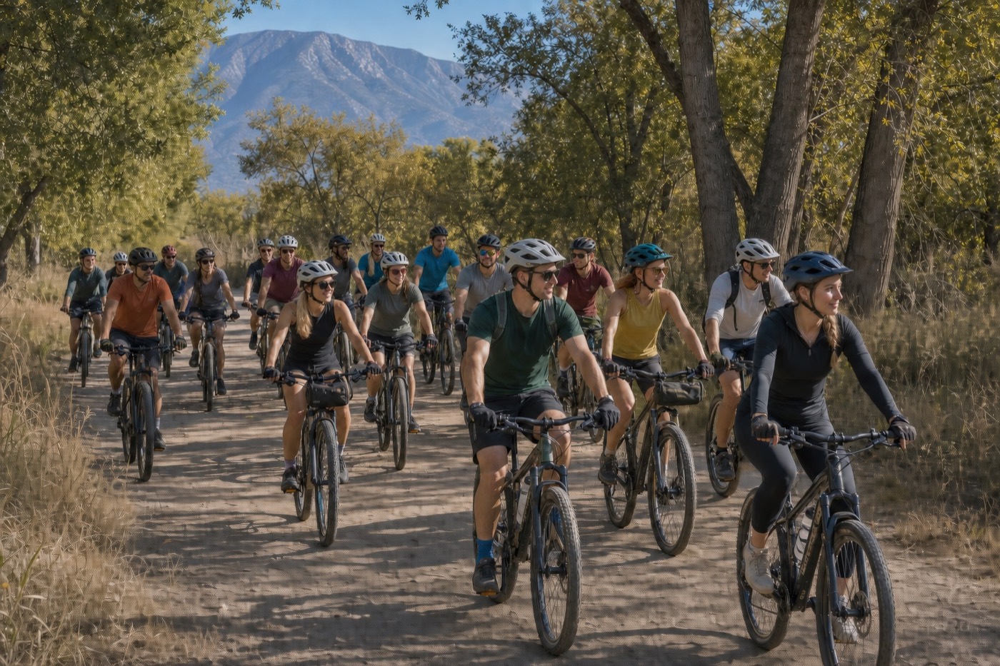 A group cycling together on a tree-lined route