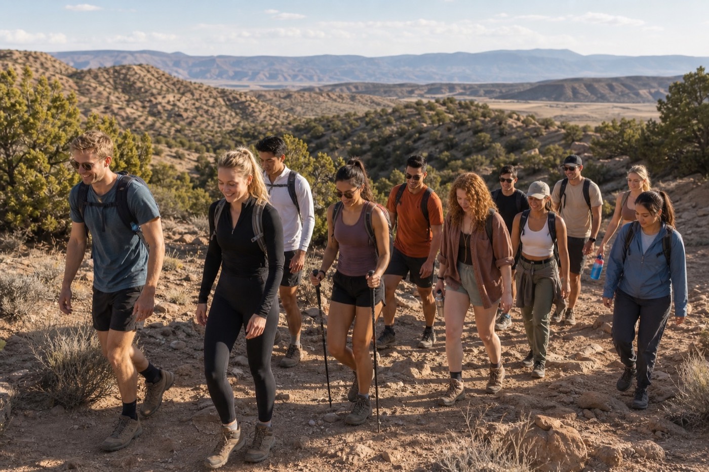 A group hiking together on a desert trail